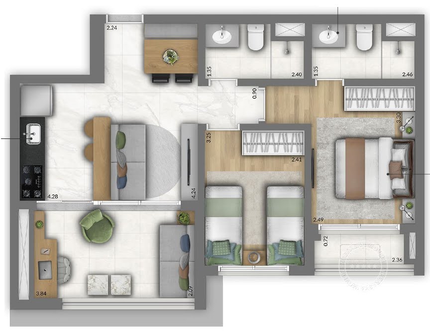 Planta 01 - 2 dorm 61m²