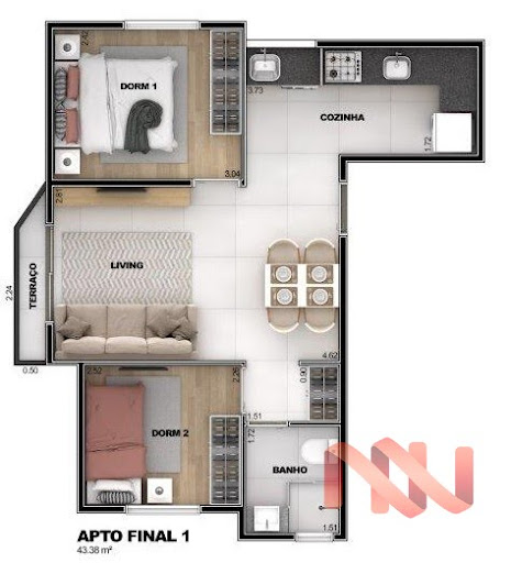 Planta 01 - 2 dorm 43 38m²