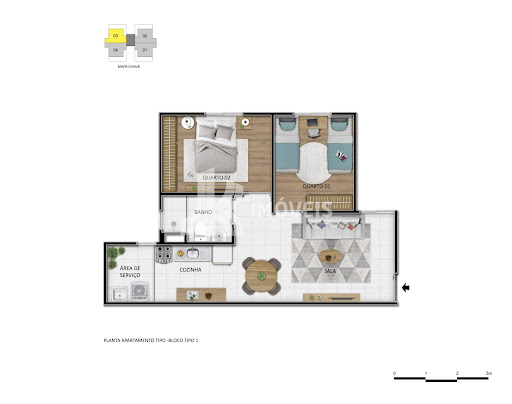 Implantação apartamentos 2 quartos SEM suíte - Tipo