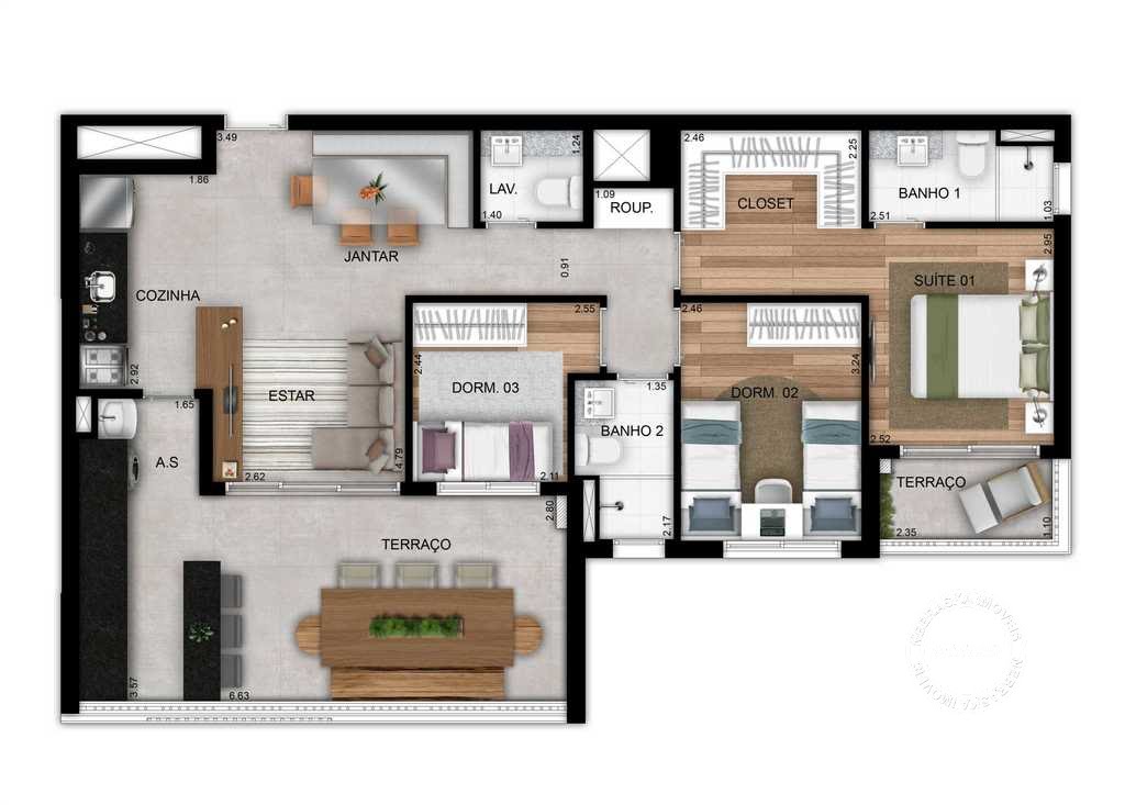 Planta 04 - 3 dorm 95m²