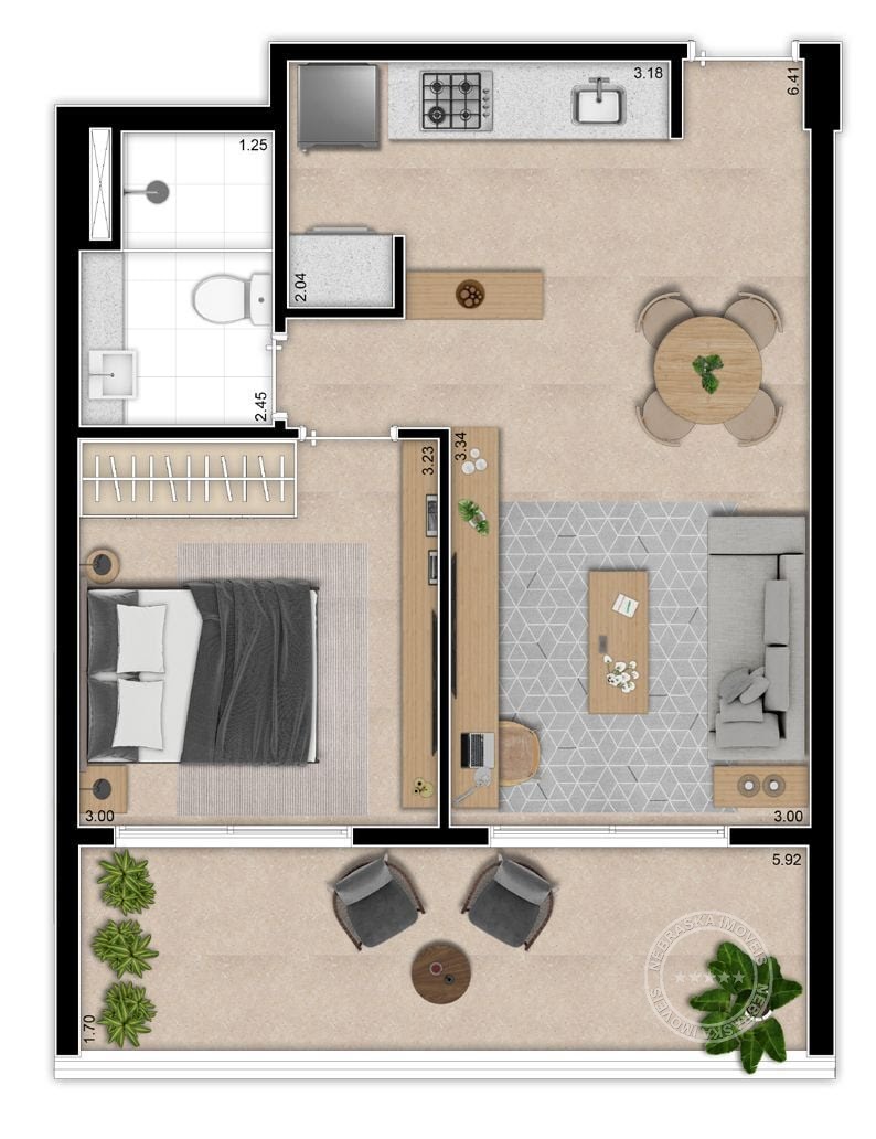 Planta 01 - 1 dorm 53 70m²