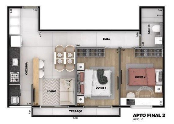 Planta 03 - 2 dorm 46 50m²