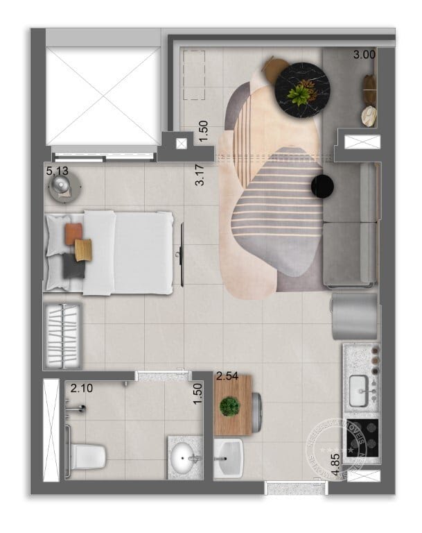Planta 02 - 1 dorm 34m² - studio