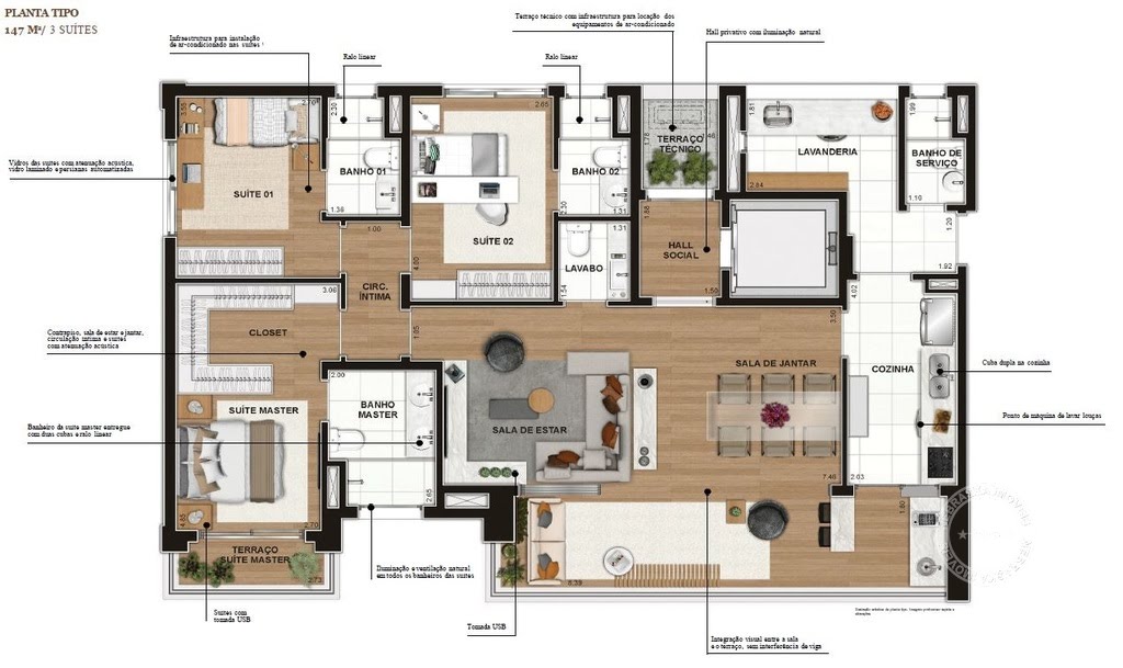 Planta 01 - 3 dorm 147m²