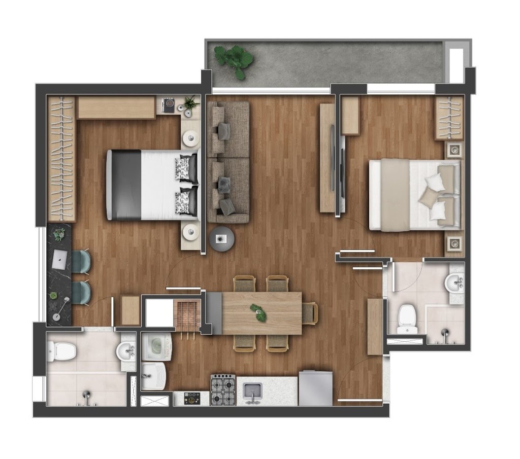 Planta 01 - 2 dorm 61 01m²