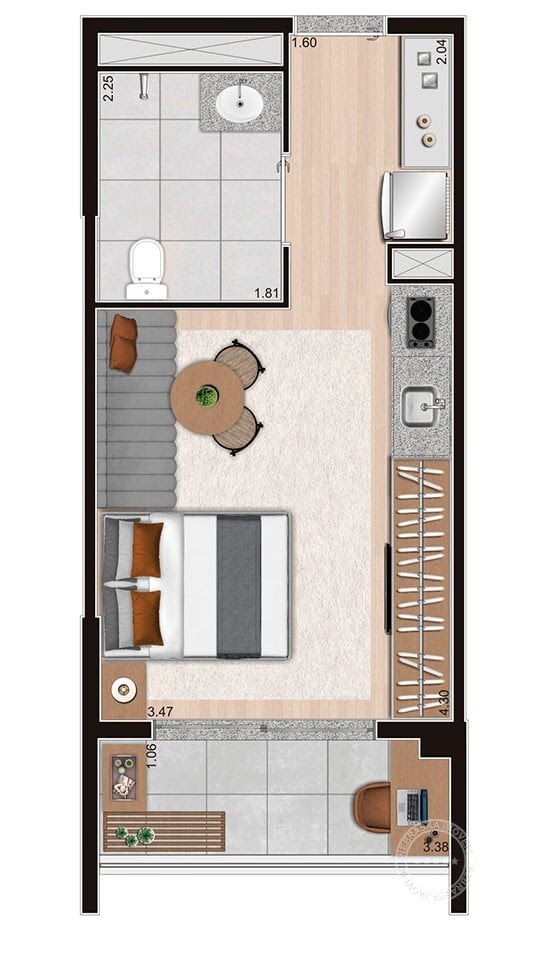 Planta 01 - 1 dorm 30m² - studio