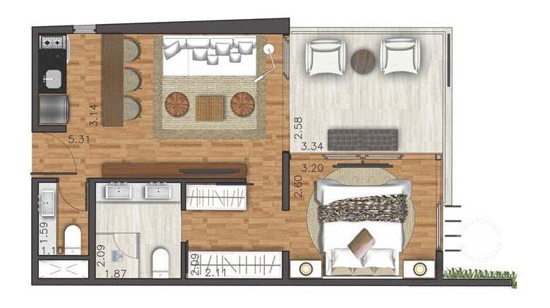 Planta 01 - 1 dorm 46,95m²