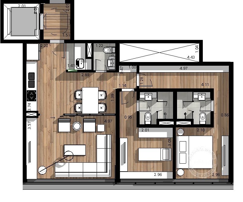 Planta 01 - 2 dorm 86 36m²