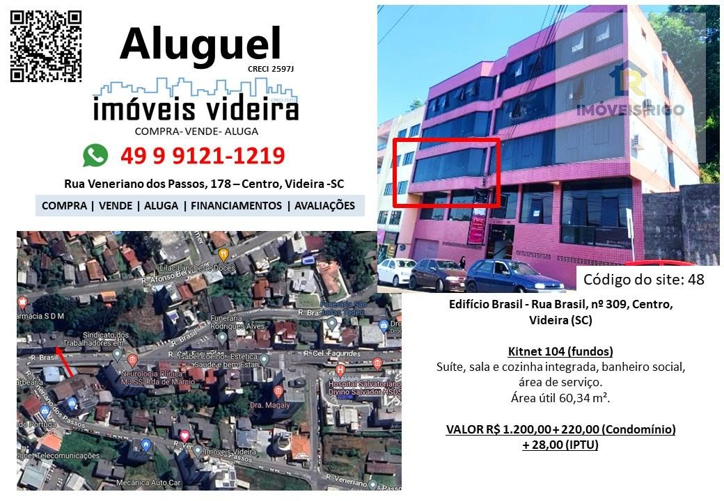 📍 Centro - Kitnete ampla para locação entre os Hospitais Santa Maria e Divino Salvador 📍 🔑Suíte 🔑Sala e cozinha integrados 🔑Banheiro social 🔑Área de serviço 🔑Fundos, lado esquerdo do prédio ﻿ R$1.200,00 + condomínio (em média de R$220,00) + IPTU (12 parcelas de R$28,00)