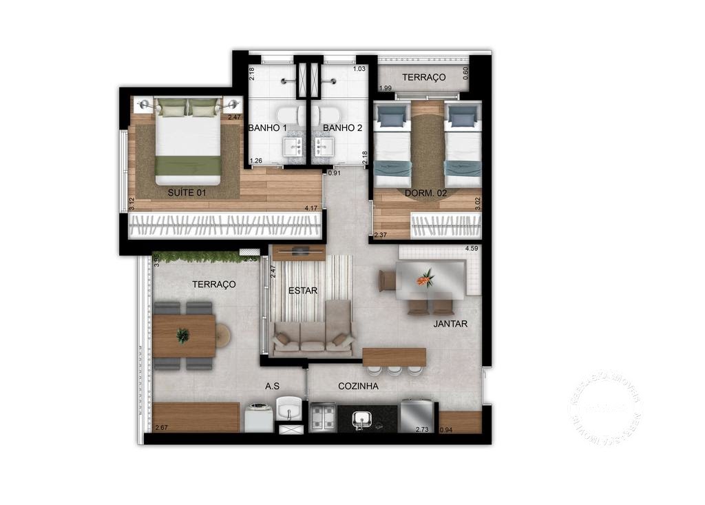 Planta 02 - 2 dorm 62m²