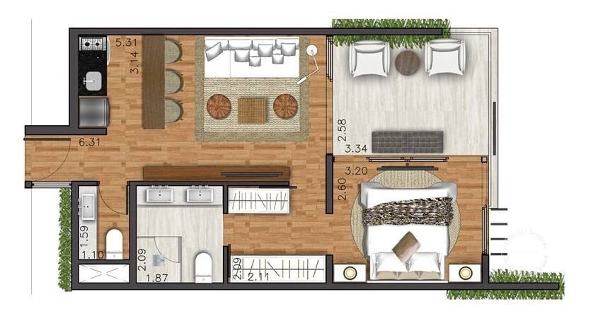 Planta 02 - 1 dorm 46,97m²