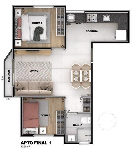 Planta 01 - 2 dorm 43 38m²