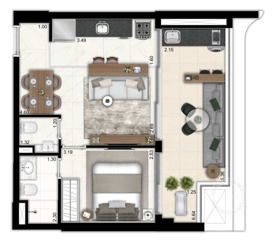 Planta 01 - 1 dorm 53m²