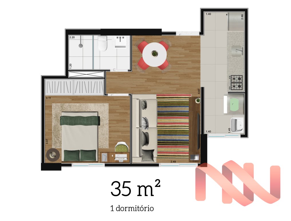 Planta 01 - 1 dorm 35m²