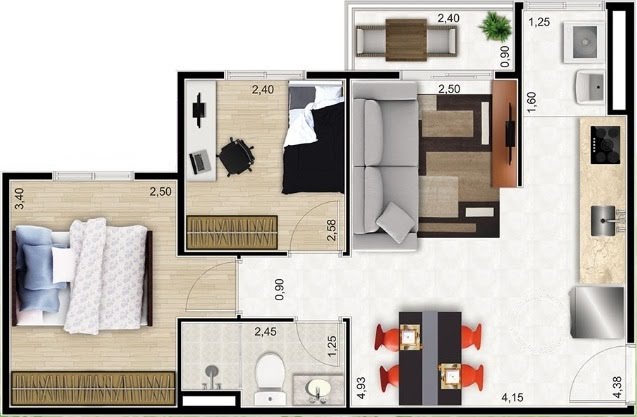 Planta 03 - 2 dorm 50m²