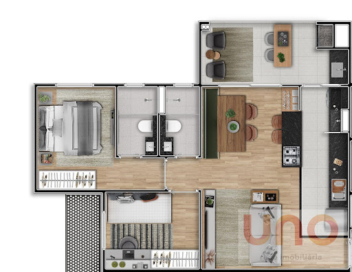 Planta do apartamento com 65 metros quadrados e 2 quartos, sendo 1 suíte no Jooy Wonder em Campo Grande