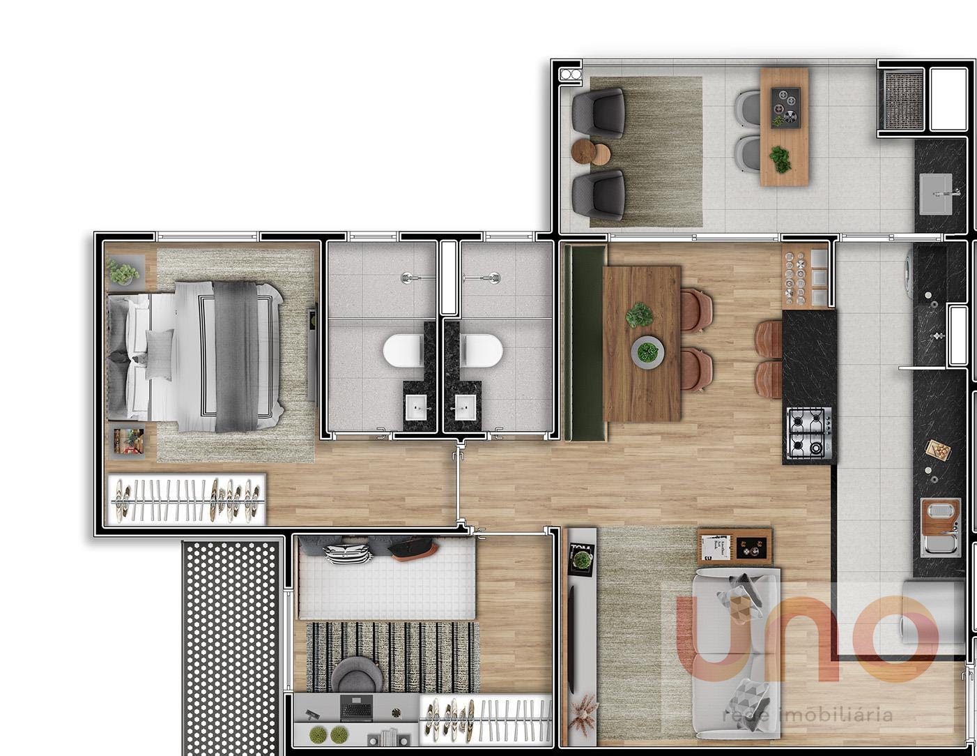 Planta do apartamento com 65 metros quadrados e 2 quartos, sendo 1 suíte no Jooy Wonder em Campo Grande