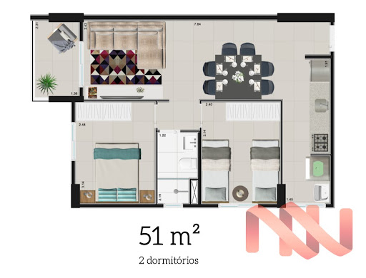 Planta 03 - 2 dorm 51m²