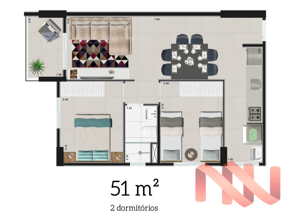 Planta 03 - 2 dorm 51m²