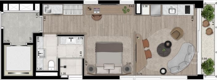 Planta 01 - 1 dorm 58m² - studio
