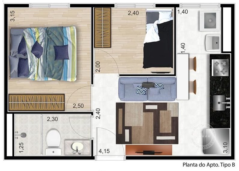 Planta 01 - 2 dorm 33m²