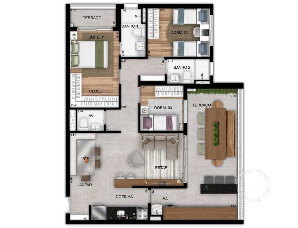 Planta 05 - 3 dorm 95m²