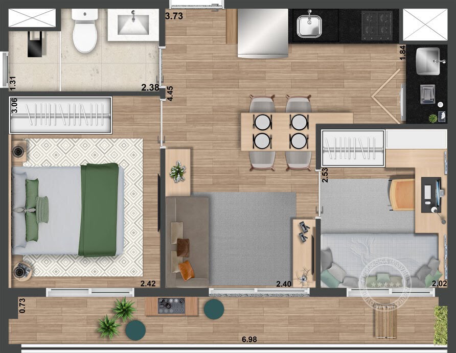 Planta 01 - 2 dorm 39 99m²