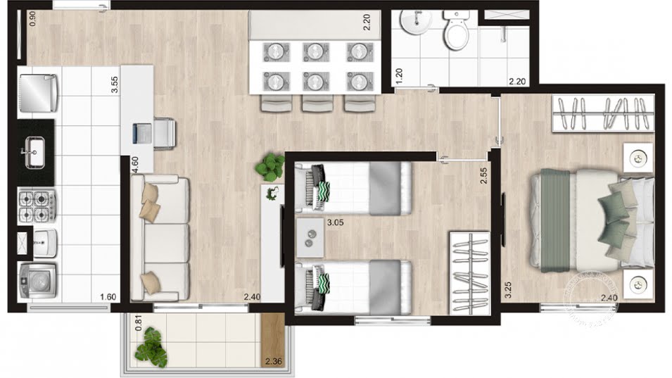 Planta 01 - 2 dorm 49 50m²