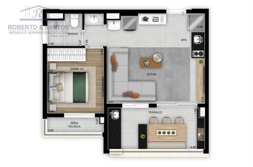 Mesma planta com sala estendida e 1 dormitório