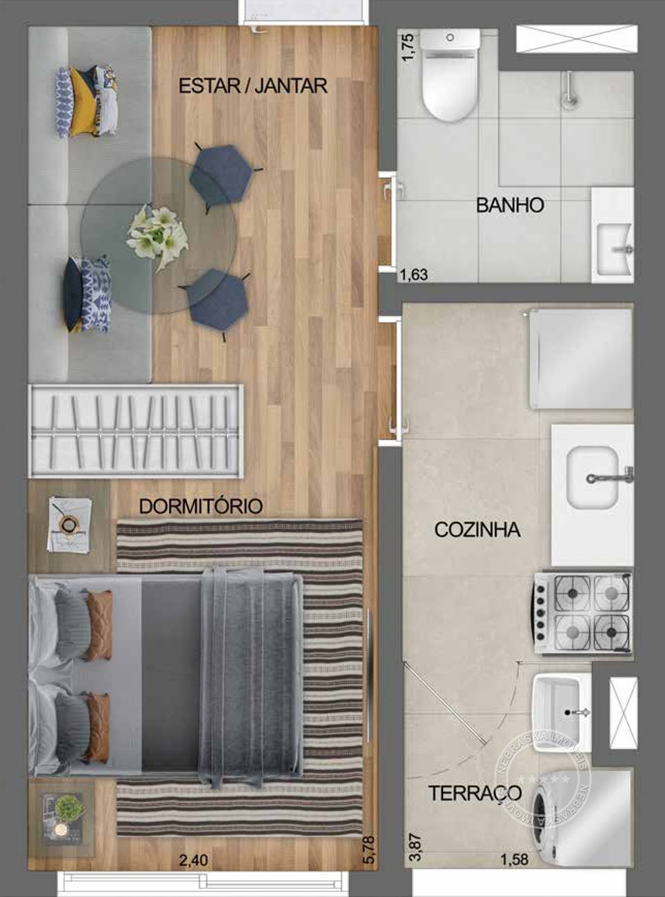 Planta 01 - 1 dorm 27m² - studio