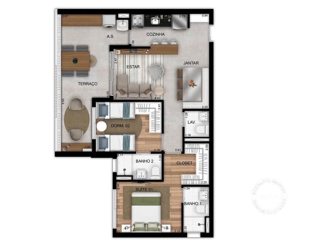 Planta 03 - 2 dorm 71m²