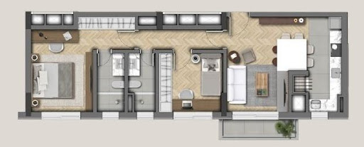 Planta 01 - 2 dorm 75 68m²