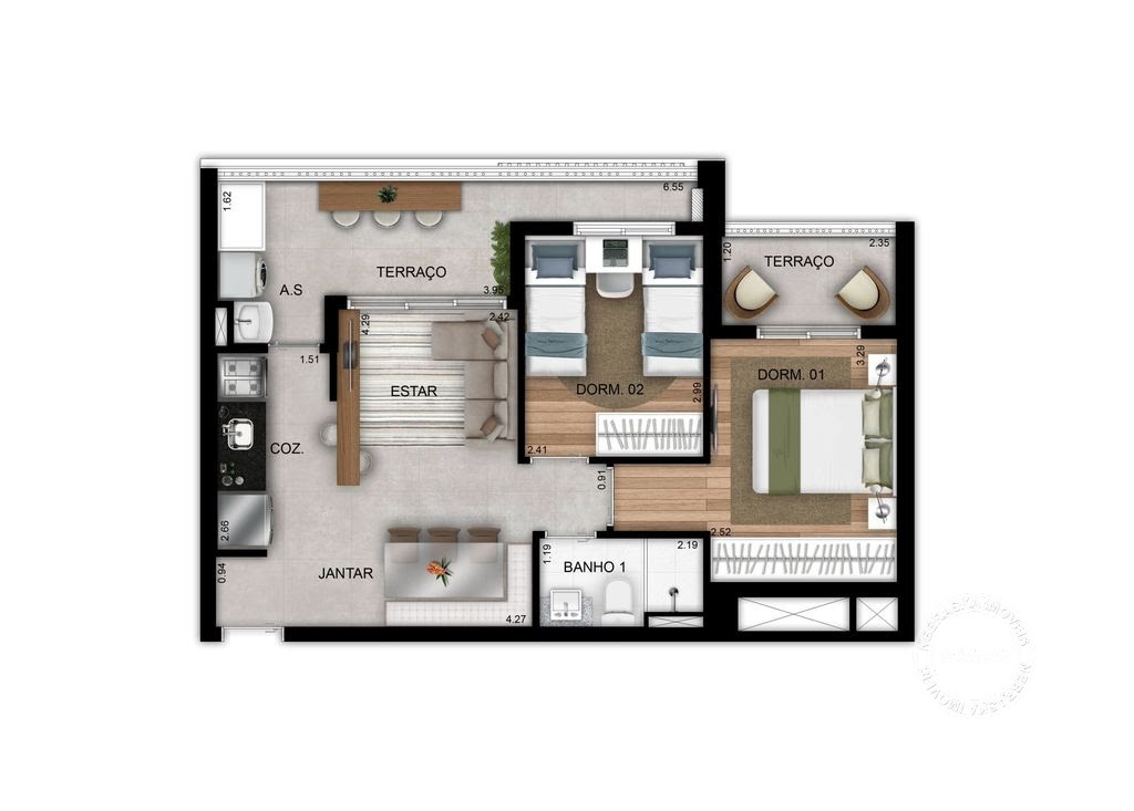 Planta 01 - 2 dorm 56m²