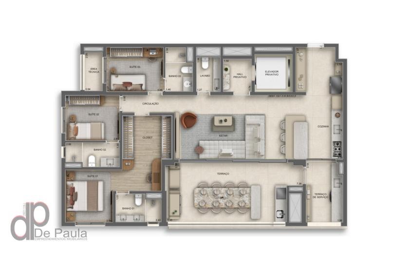 Planta apto 137 m2 - 3 suites