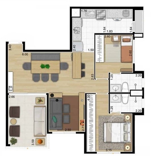Planta 01 - 2 dorm 76m²