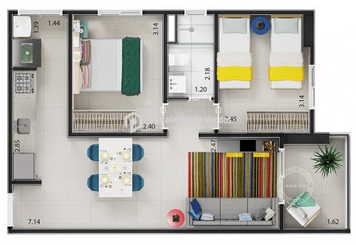 Planta 02 - 2 dorm 52m²