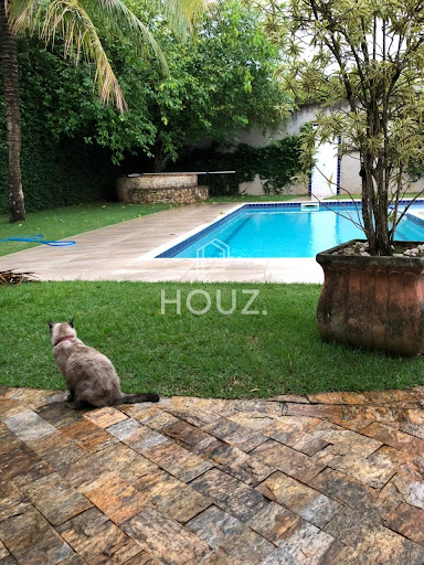 Piscina aquecida cercada por muito verde