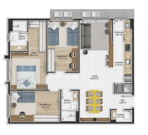 Planta 02 - 3 dorm 88m²