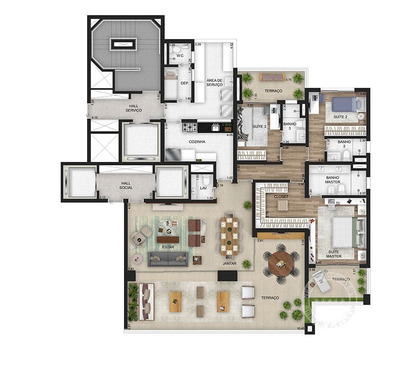 Planta 01 - 3 dorm 208m²