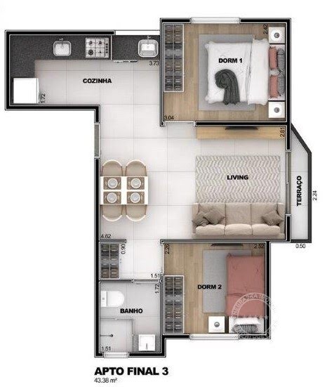 Planta 02 - 2 dorm 43 38m²