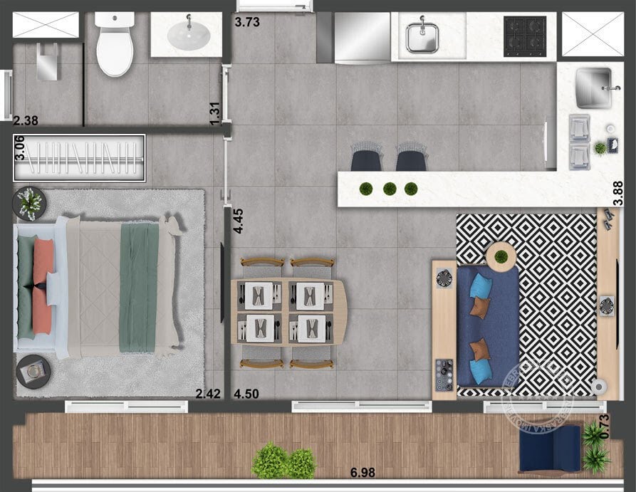 Planta 02 - 1 dorm 39 99m² - opção 1