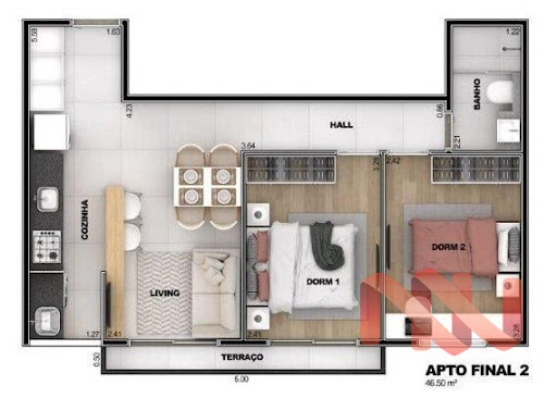 Planta 03 - 2 dorm 46 50m²