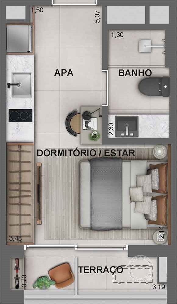 Planta 01 - 1 dorm 25m² - studio