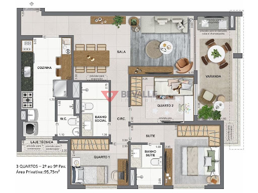 Planta 02 - 3 dorm 95,75m²