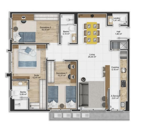 Planta 01 - 3 dorm 88m²