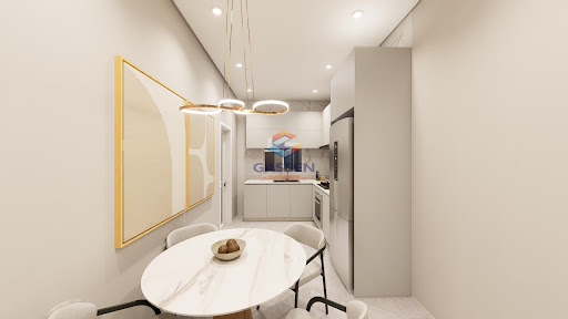 Sala e cozinha integradas da casa geminada em Vera Cruz