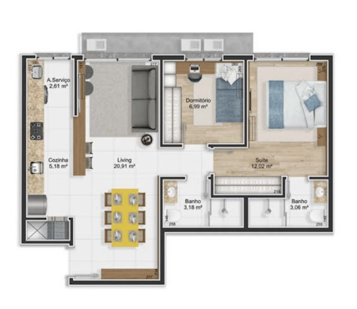 Planta 04 - 2 dorm 64m²