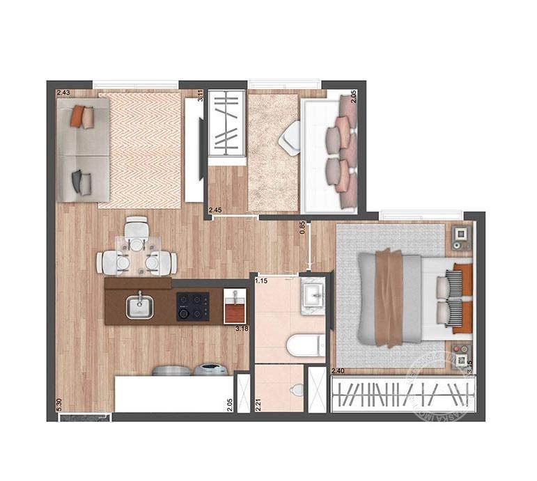 Planta 01 - 2 dorm 34m²