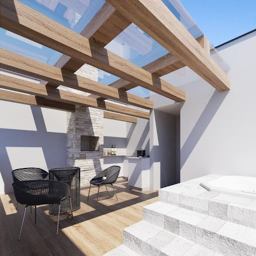Terraço com churrasqueira e espaço para banheira 