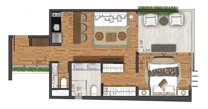 Planta 03 - 1 dorm 51,78m²